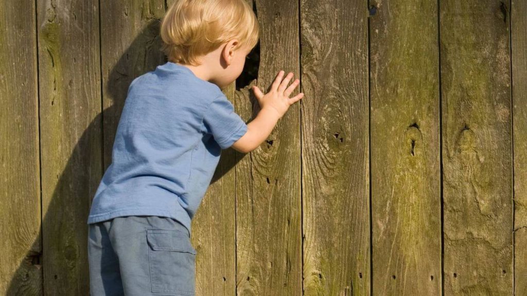 malý kluk se dívá do díry v dřevěném oplocení