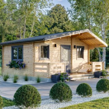 Dřevěný zahradní domek SANTIAGO – boční pohled s tmavými okny