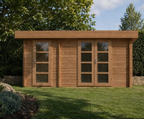 Dřevěný zahradní domek MADRID II – hnědě mořené dřevo na trávníku