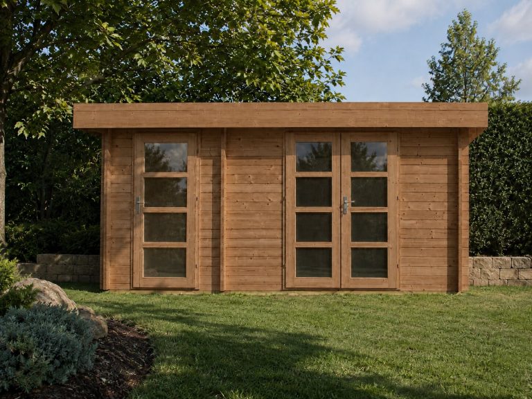 Dřevěný zahradní domek MADRID II – hnědě mořené dřevo na trávníku