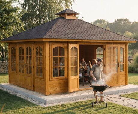 Dřevěný altán NORFOLK – vizualizace: večerní grilování s přáteli