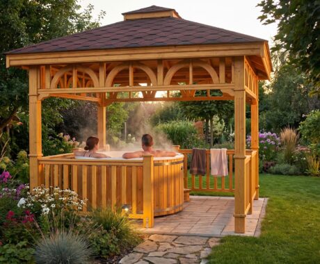 Dřevěný altán TEXAS – vizualizace: wellness večer s dřevěnou vířivkou – pohled 2