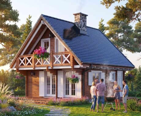 Dřevěná chata DALLAS – vizualizace: večerní grilování s přáteli