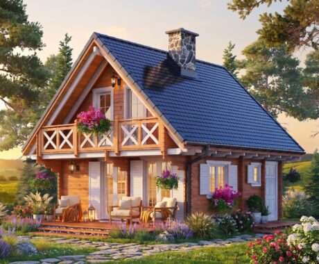 Dřevěná chata DALLAS – vizualizace: západ slunce v krásné zahradě