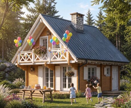 Dřevěná chata DALLAS – vizualizace: dětská oslava na zahradě