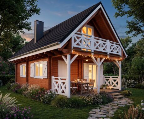 Dřevěná chata DENVER – vizualizace: letní večer s prostřeným stolem
