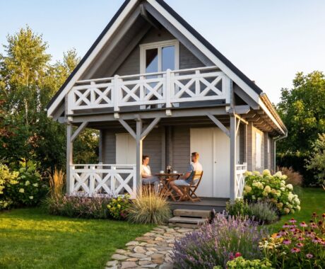 Dřevěná chata DENVER – vizualizace: ranní káva na verandě