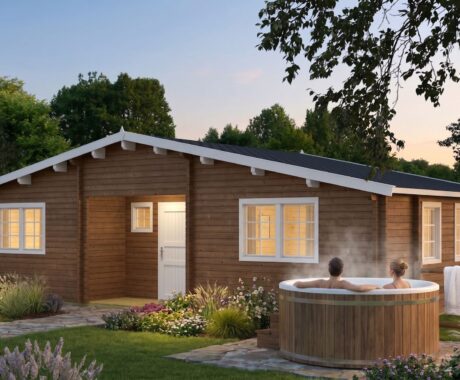 Dřevěný zahradní domek MADISON – vizualizace: wellness večer s dřevěnou vířivkou