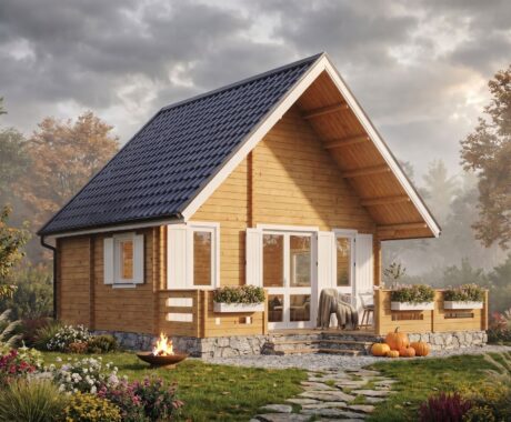 Dřevěný zahradní domek SANTIAGO IV – vizualizace: podzimní ráno s mlhou a ohništěm