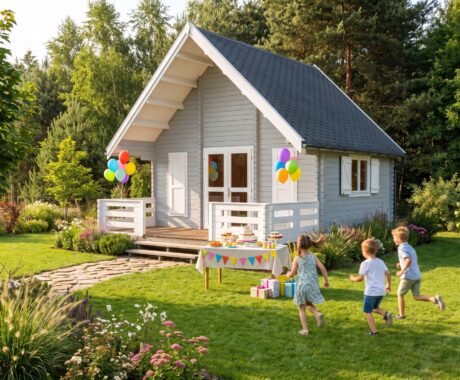 Dřevěný zahradní domek SANTIAGO IV – vizualizace: dětská oslava na zahradě