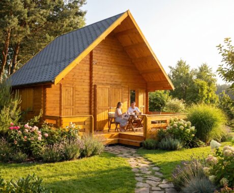 Dřevěný zahradní domek SANTIAGO IV – vizualizace: ranní káva na verandě – pohled 2