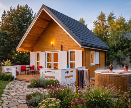 Dřevěný zahradní domek SANTIAGO IV – vizualizace: wellness večer s dřevěnou vířivkou