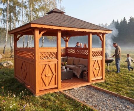 Dřevěný altán OMAHA – vizualizace: grilování u altánu