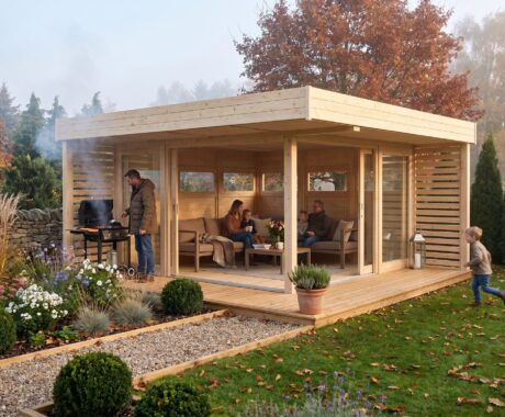 Dřevěný altán UTAH II – vizualizace: grilování u altánu