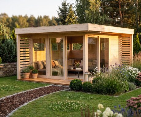 Dřevěný altán UTAH II – vizualizace: zlatá hodina v zahradě – pohled 3