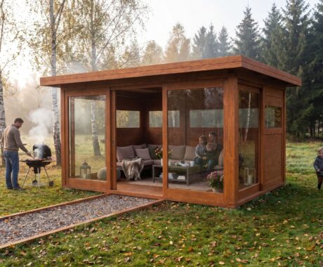Dřevěný altán UTAH – vizualizace: grilování u altánu