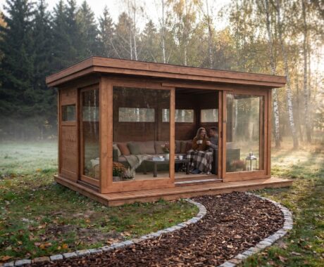 Dřevěný altán UTAH – vizualizace: ranní káva v altánu