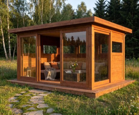 Dřevěný altán UTAH – vizualizace: zlatá hodina v zahradě – pohled 2