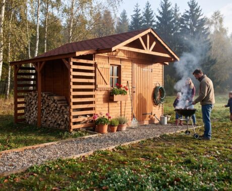 Zahradní domek BESKYDEK – vizualizace: grilování u domku