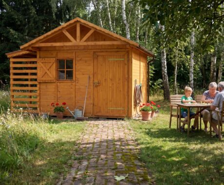 Zahradní domek BESKYDEK – vizualizace: prarodiče s vnoučaty