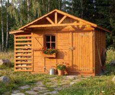 Zahradní domek BESKYDEK – vizualizace: zlatá hodina v zahradě