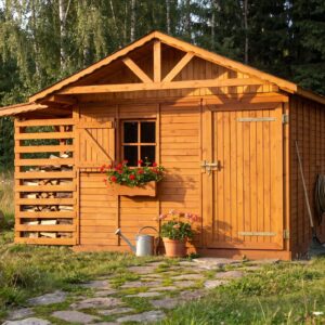 Zahradní domek BESKYDEK – vizualizace: zlatá hodina v zahradě