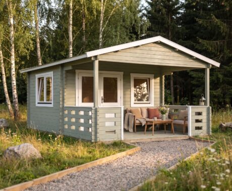 Zahradní domek MONTANA – vizualizace: barevná varianta – šalvějová s bílými rámy