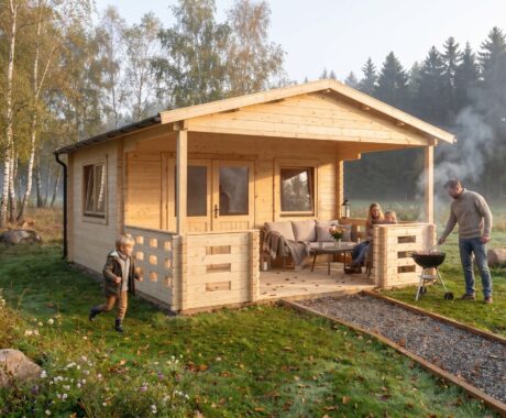 Zahradní domek MONTANA – vizualizace: grilování u domku