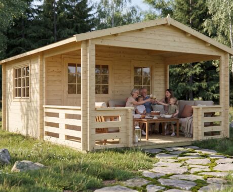 Zahradní domek MONTANA – vizualizace: rodinná oslava u domku