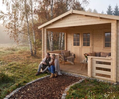Zahradní domek MONTANA – vizualizace: ranní káva u domku