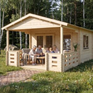 Zahradní domek MONTANA – vizualizace: prarodiče s vnoučaty