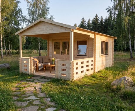Zahradní domek MONTANA – vizualizace: zlatá hodina v zahradě – pohled 3