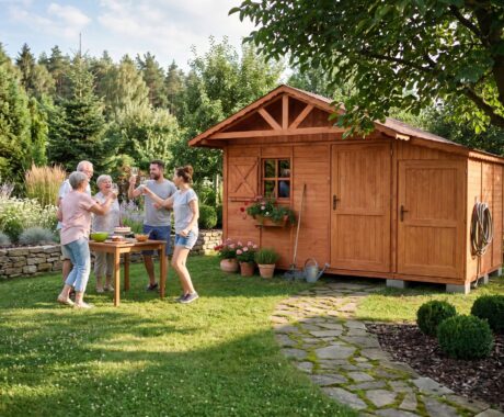 Zahradní domek CHOPOK – vizualizace: rodinná oslava u domku