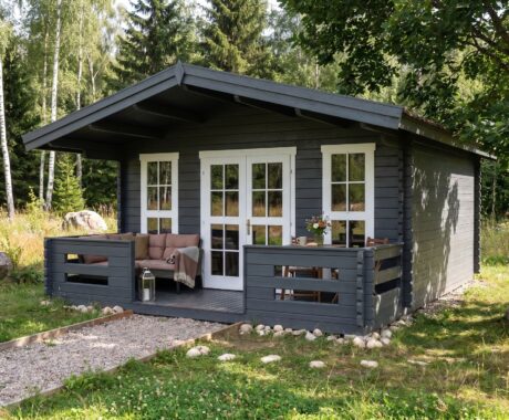 Zahradní domek FENIX – vizualizace: barevná varianta – antracitová s bílými rámy