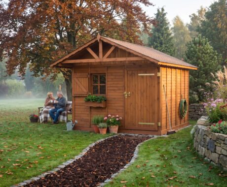 Zahradní domek KARPATY – vizualizace: ranní káva u domku