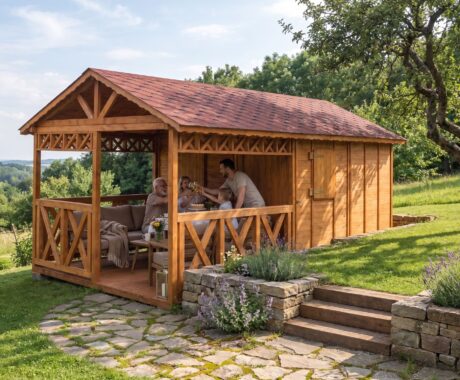 Zahradní domek POĽANA – vizualizace: rodinná oslava u domku