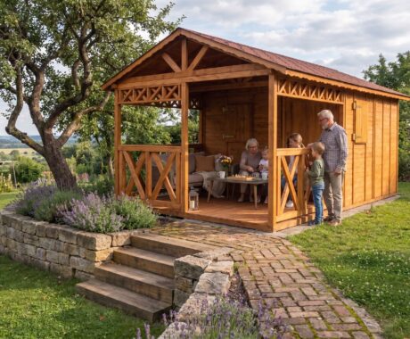 Zahradní domek POĽANA – vizualizace: prarodiče s vnoučaty