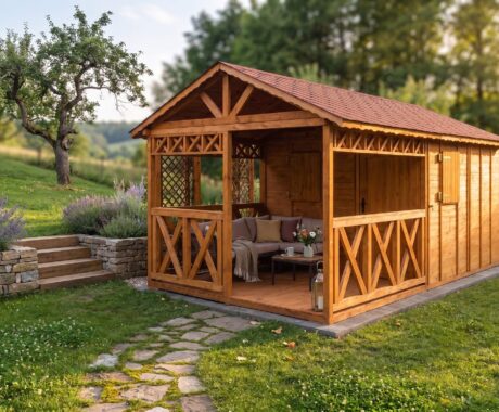 Zahradní domek POĽANA – vizualizace: zlatá hodina v zahradě – pohled 2
