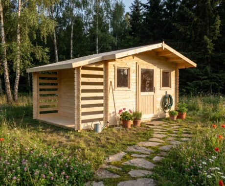 Zahradní domek PULA – vizualizace: zlatá hodina v zahradě – pohled 2